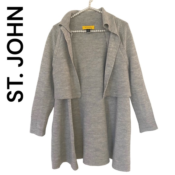 ST. JOHN ALPACA WOOL KNIT LAYERED OPEN FRONT CARDIGAN GREY SIZE P OR SMALL - Picture 1 of 16